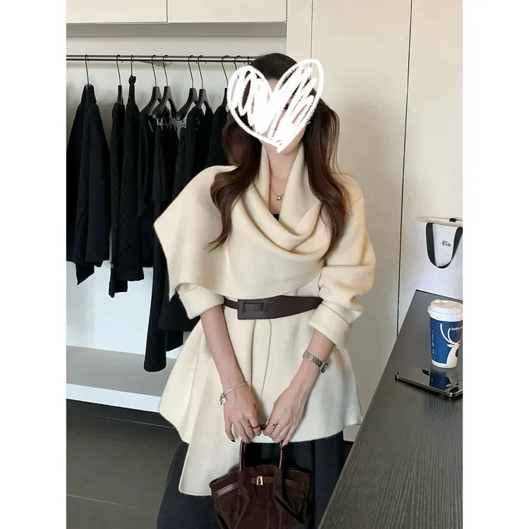 韩系气质松弛氛围感围巾领毛呢开衫外套设计感不规则外套(配腰带)