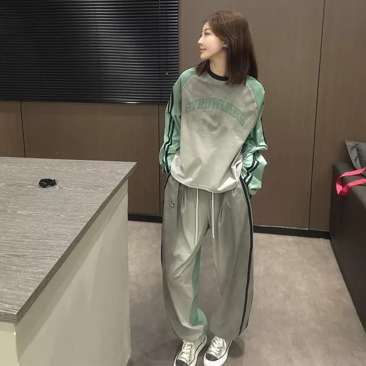 欧洲站2025秋季新款韩版百搭休闲显瘦印花圆领T恤高腰长裤两件套