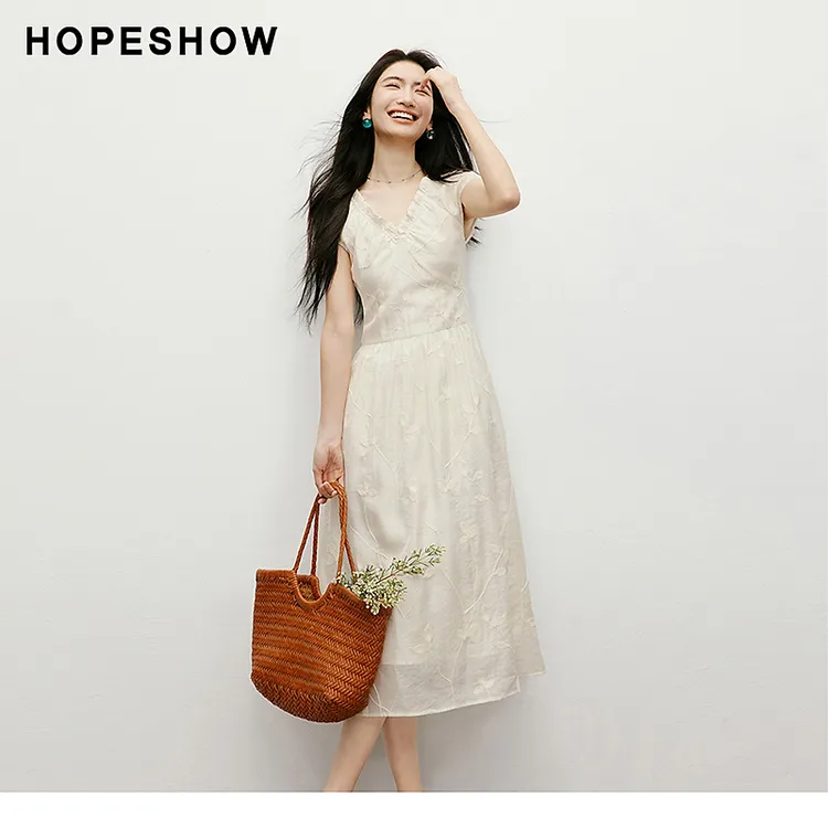 红袖2025夏季女装 重工链条绣收腰松紧花边V领连衣裙90225121602