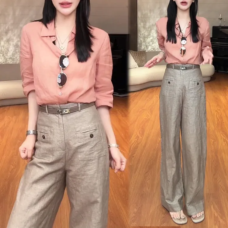 高级感简约套装女夏季新款纯色高级感翻领衬衫休闲直筒长裤两件套