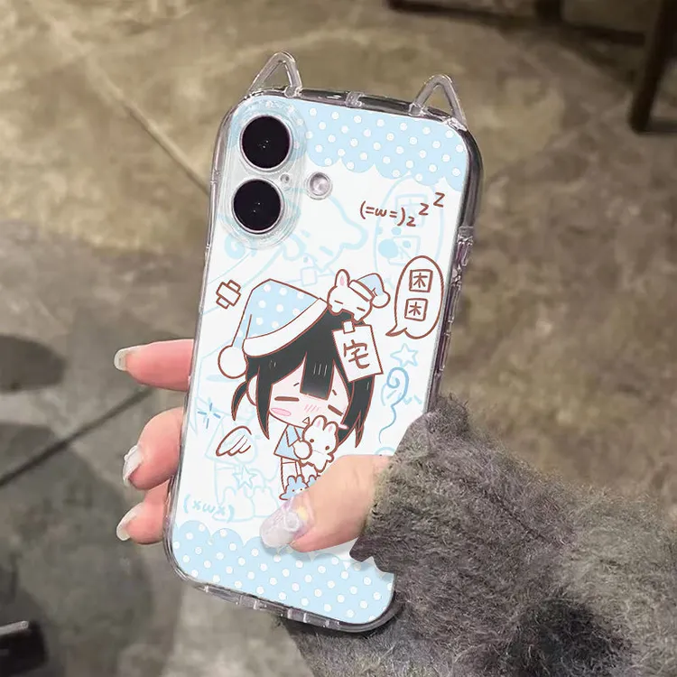 透明猫耳朵蓝犯困女孩适用苹果16/15/14/13promax手机壳12/11全包