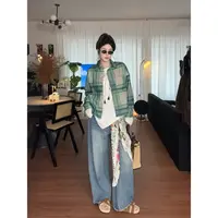 绿色条纹翻领长袖衬衫女秋季设计感短款宽松遮肉小众别致衬衣上衣