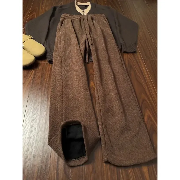 美拉德咖色人字纹休闲裤男秋冬美式复古垂感裤子阔腿针织加绒卫裤