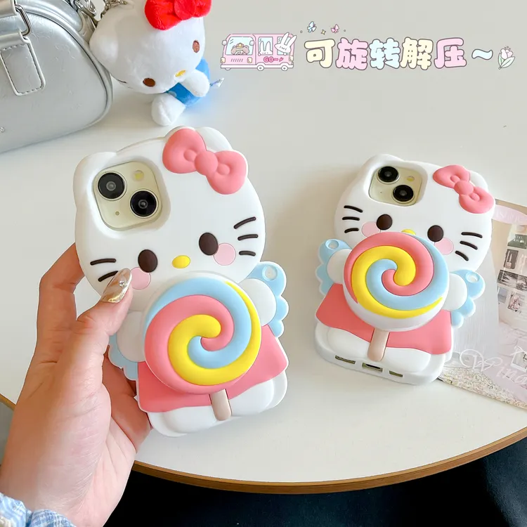 适用iphone16可爱卡通手机壳支架Kitty猫苹果15pro立体硅胶软壳14