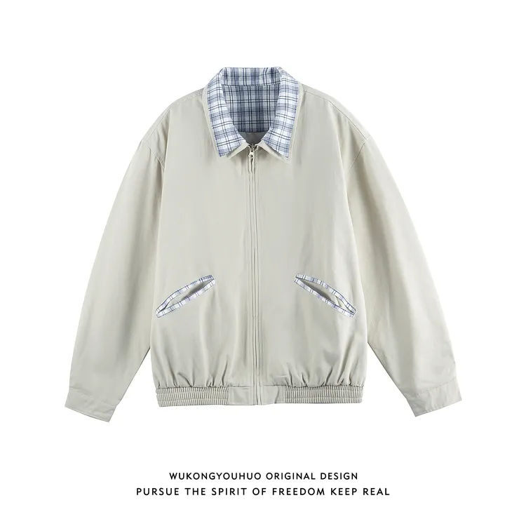 悟空有货复古潮牌格子拼接假两件翻领夹克男秋季情侣百搭休闲外套