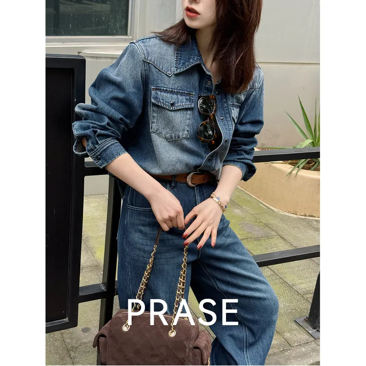 PRASE·噜【丹宁艺术】微胖休闲时尚长袖复古磨毛牛仔衬衫女PR510S72