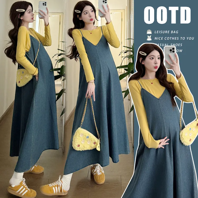 2025春秋新款吊带牛仔孕妇连衣裙洋气时髦孕妈妈高级感穿搭两件套