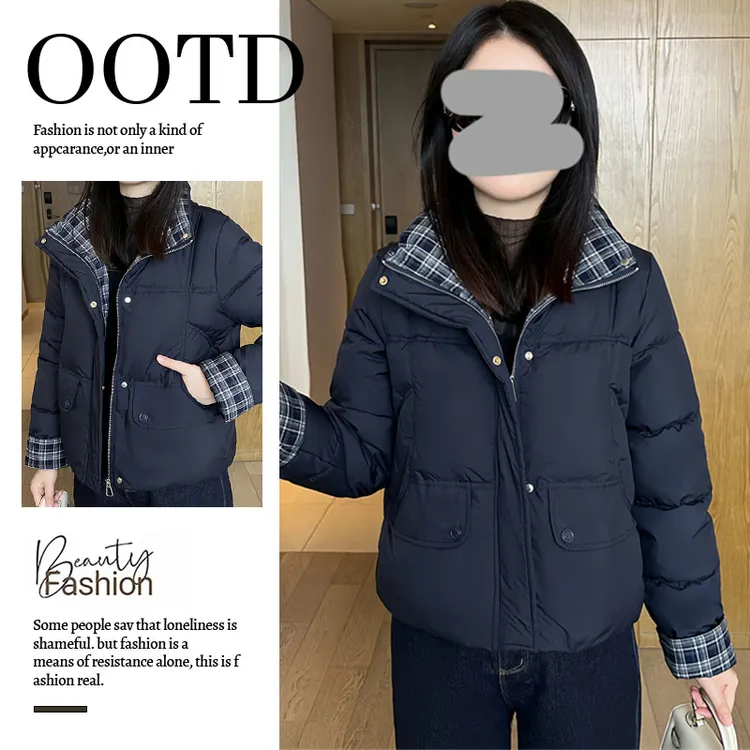韩版休闲格纹拼接棉服女2025年冬季新款加厚保暖别致显瘦棉袄外套