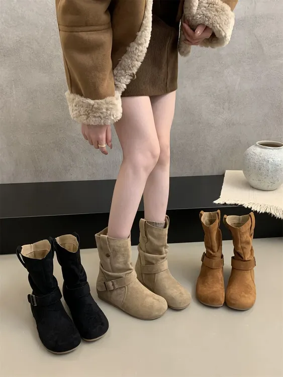 复古内增高短靴女2025秋季新款真皮低筒堆堆马丁靴勃肯西部牛仔靴