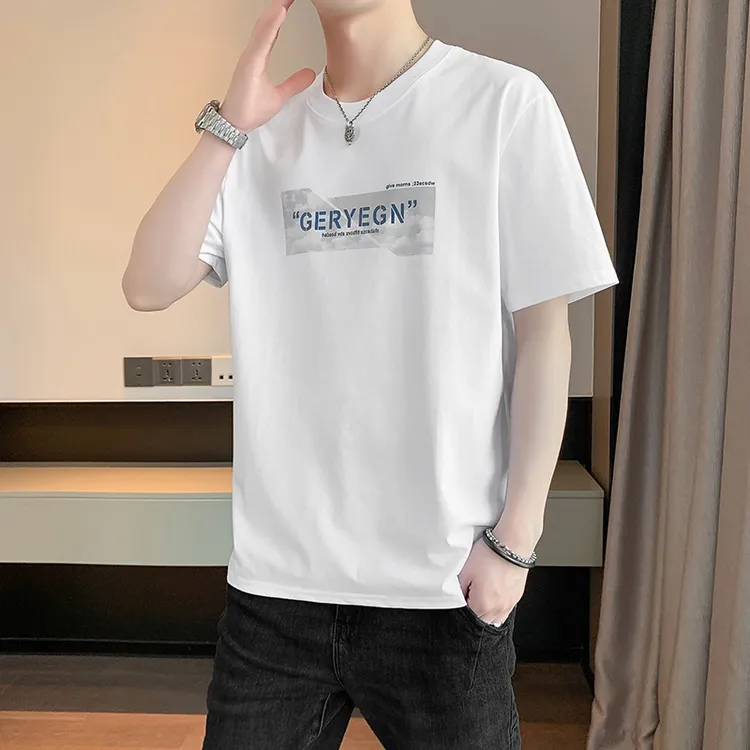 潮流宽松男士短袖T恤夏季薄款冰丝印花圆领运动休闲衣服
