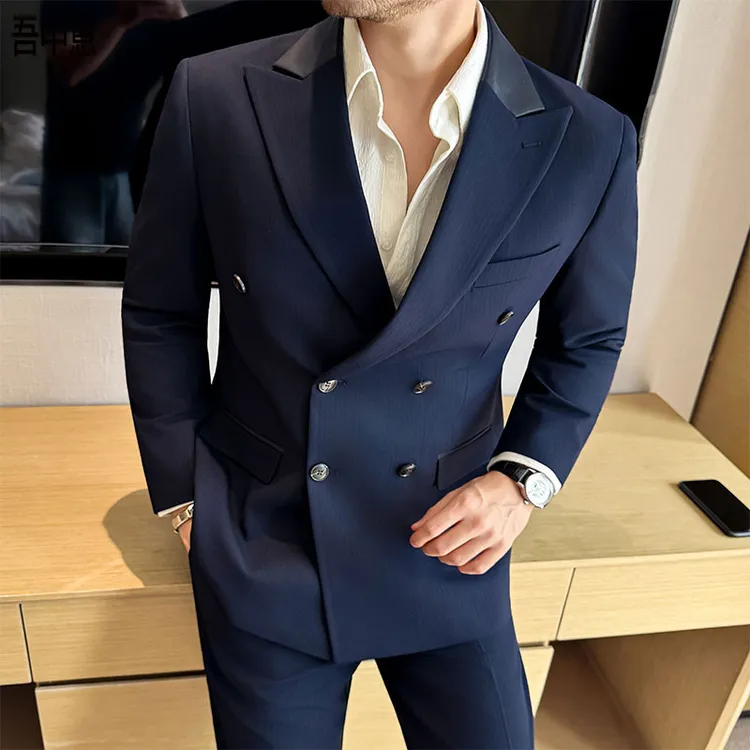 高级感拼皮戗驳领西装男套装两件套秋冬厚款时尚百搭双排扣西服男