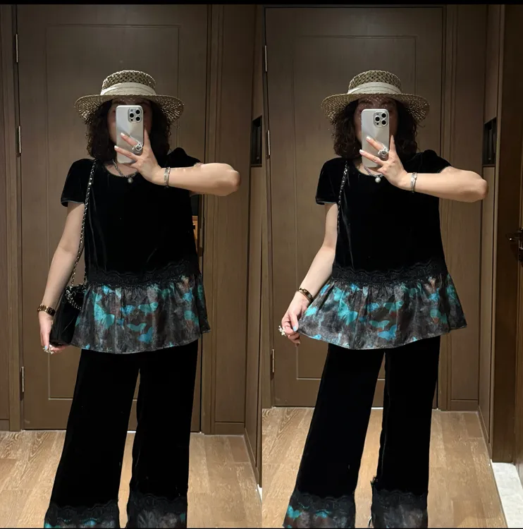 YDFSTUDIO小众【蔚蓝秘境】高品撞色拼接设计真丝上衣+真丝裤子套装