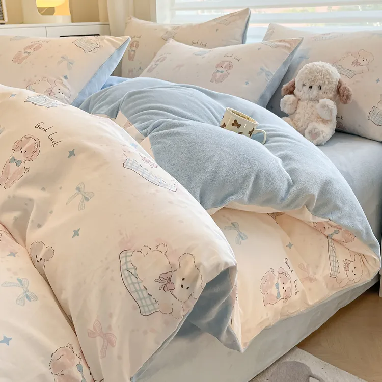 卡通ab面全棉牛奶绒床上用品四件套冬季珊瑚法兰绒被套床单三件套