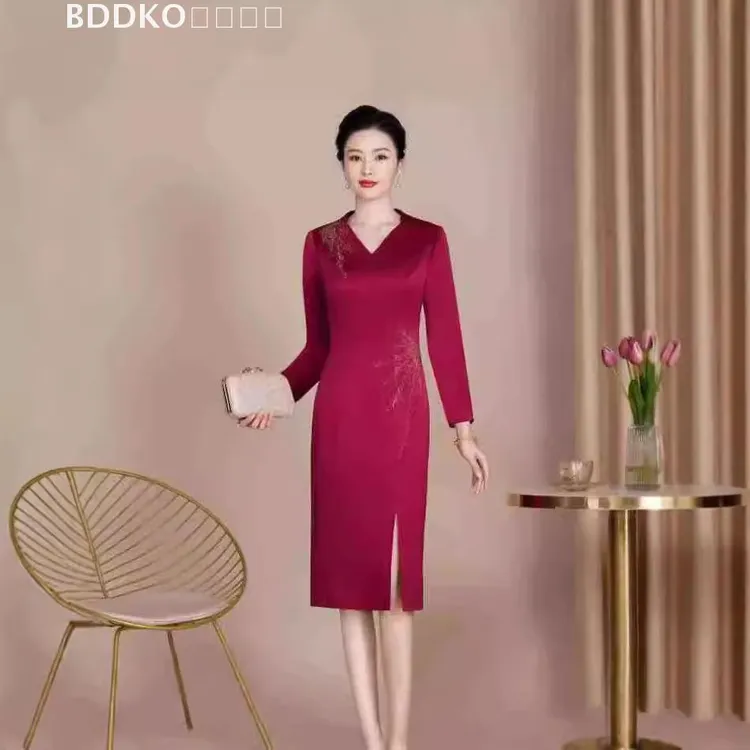 LACAH热卖中国风喜妈妈改良旗袍新中式晚礼服婚宴喜婆婆敬酒连衣