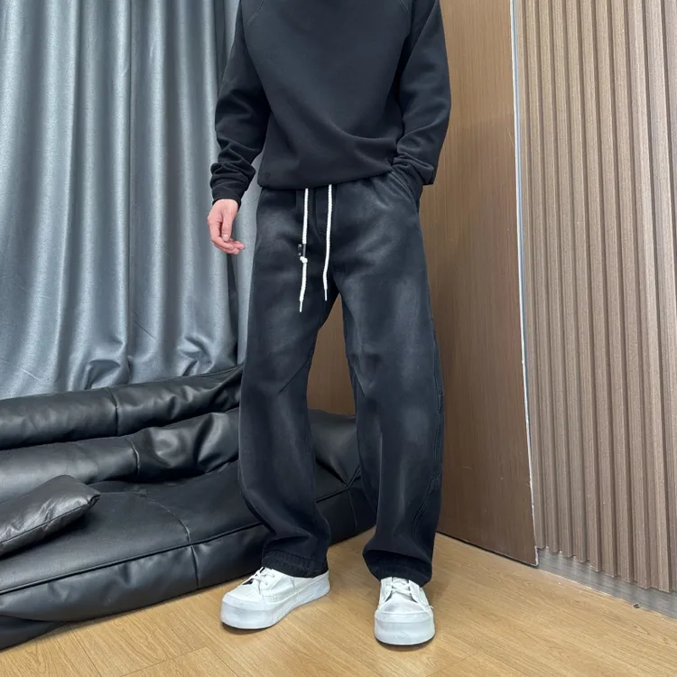 2025秋冬季宽松直筒做旧复古休闲撞色百搭高街水洗加厚加绒牛仔裤