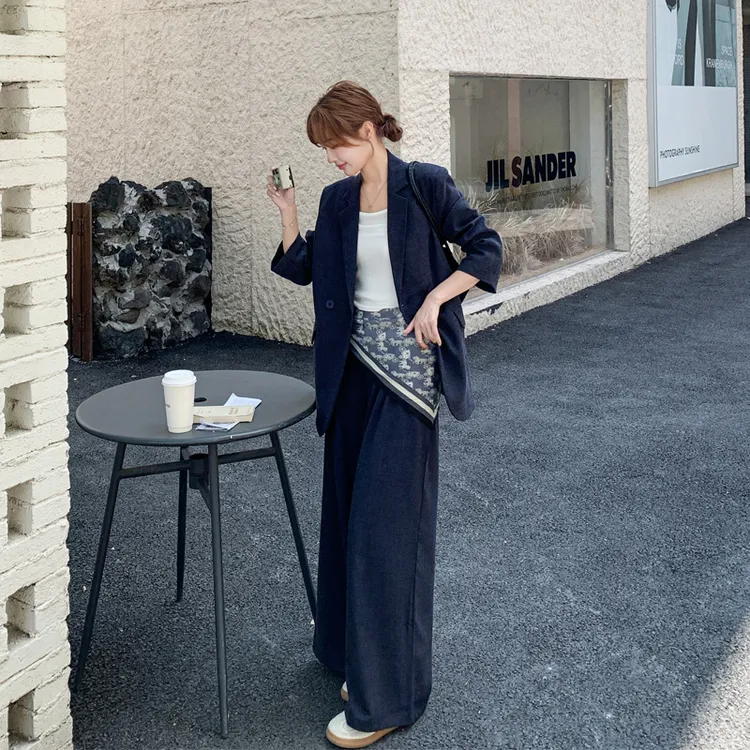 韩系ins松弛感西装阔腿裤2025春秋新款时尚通勤极简老钱风两件套