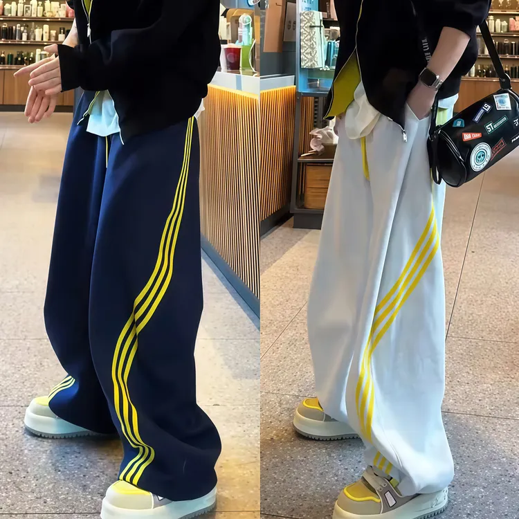 秋季新款美式运动风三条杠休闲裤男士宽松百搭抽绳阔腿裤时尚长裤
