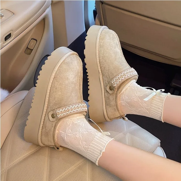 网红毛绒厚底一脚蹬两穿拖鞋女冬季加绒加厚保暖新款面包雪地棉鞋