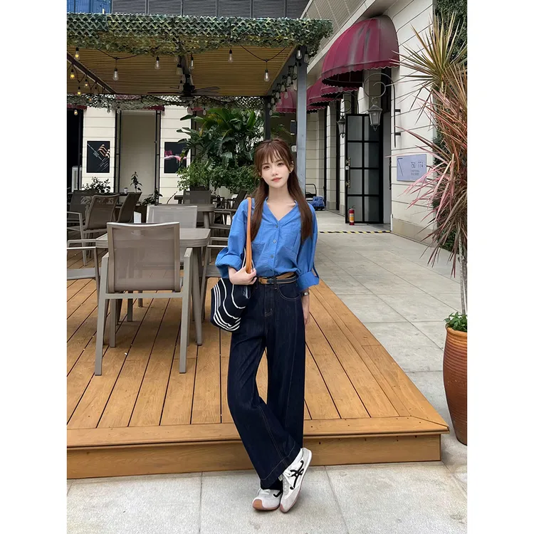 王家有鱼【小个子定制】窄版阔腿裤女2025新款丹宁色百搭时尚牛仔裤