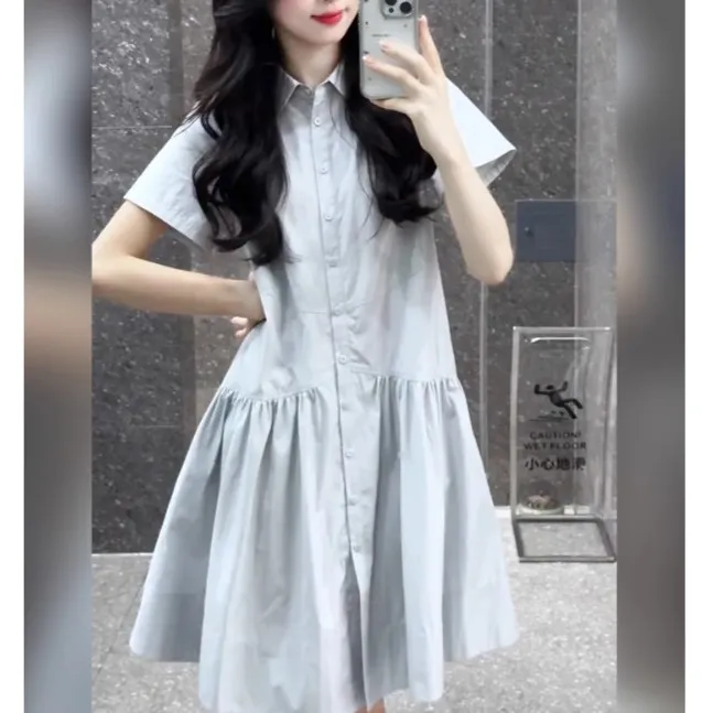法式浅蓝色衬衫连衣裙夏季新款小个子超好看女生韩系服饰insA字裙