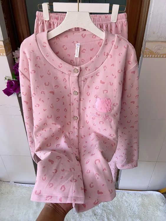 睡衣女款爆款2025新款带胸垫秋冬羊绒甜美Kitty猫家居服套装外穿
