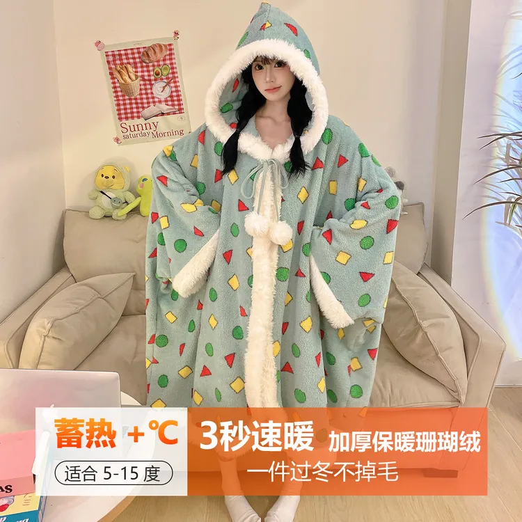 连帽斗篷半边绒睡衣加绒加厚冬款2025新款小个子珊瑚绒睡袍家居服