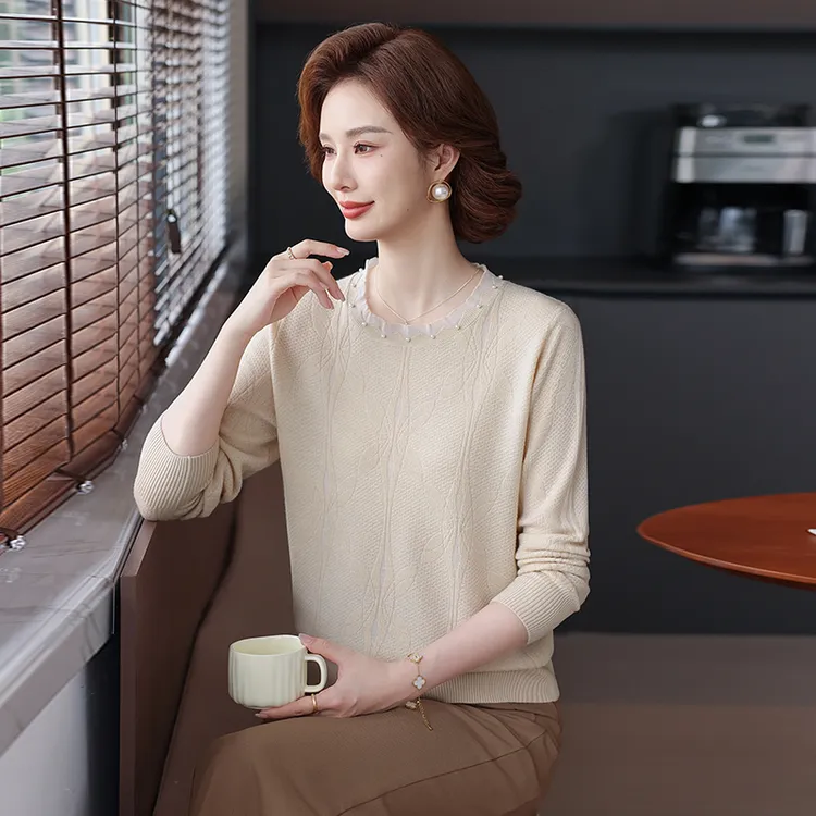妈妈装毛衣打底针织衫钉珠圆领时尚中老年女装气质春秋长袖洋气