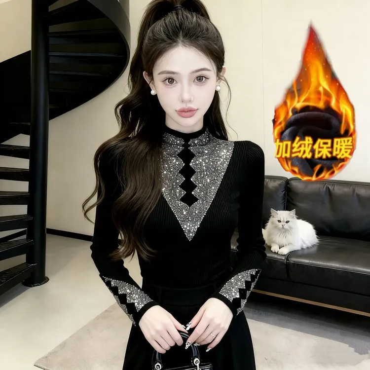 网红时尚加绒黑色T恤新款小衫半高领长袖烫钻百搭打底衫上衣888#