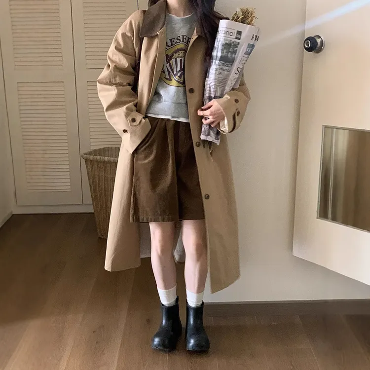 韩系风撞色翻领风衣外套女春季慵懒宽松显瘦百搭中长款大衣外套宽