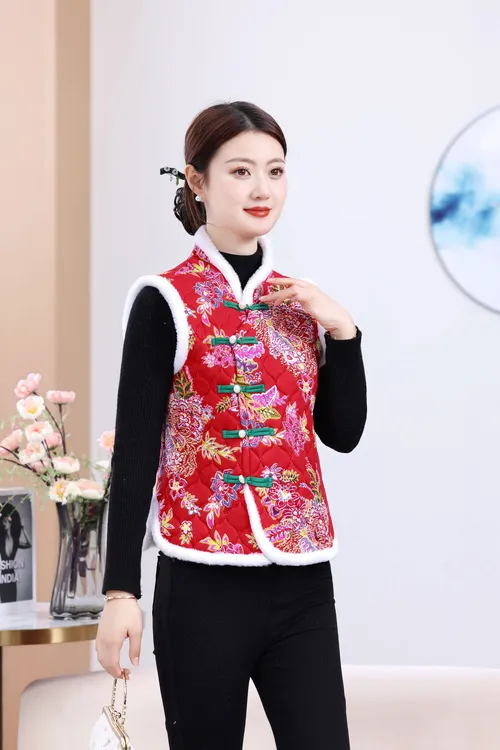 中国风东北大花民族风女拼接马夹秋冬马甲加厚绣花冬季加绒雪莲花