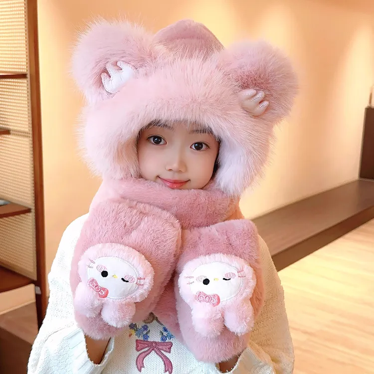 儿童帽子围巾一体手套小熊冬季女孩保暖毛绒帽男童加厚护耳防寒帽