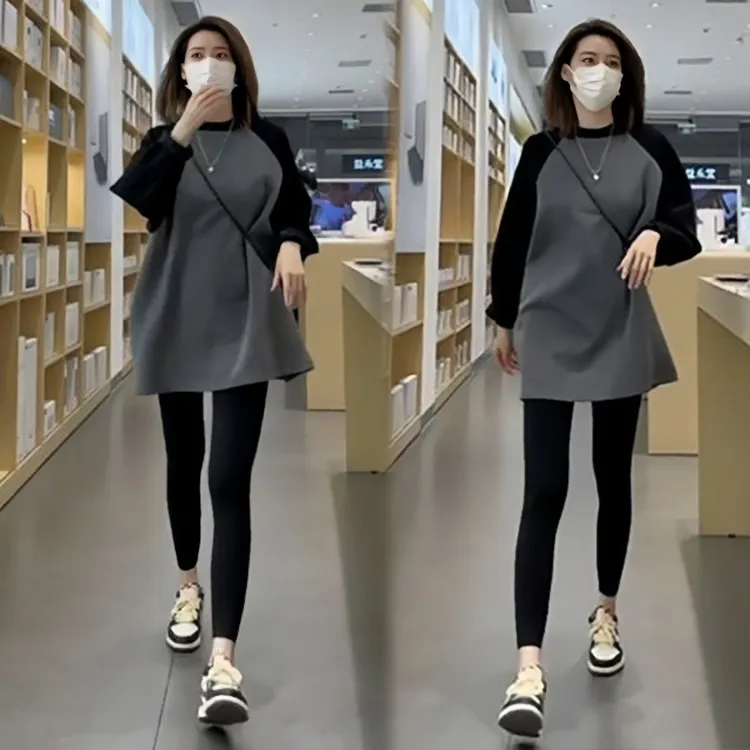 新款秋冬德绒打底衫女插肩撞色上衣宽松遮屁股中长款磨毛女士T恤