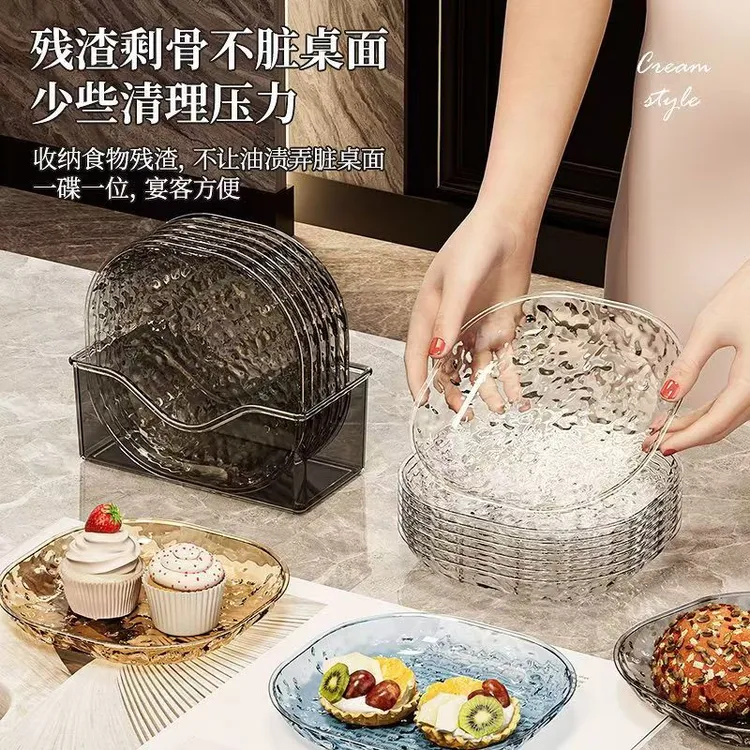 【拍1发9】家用吐骨碟餐桌垃圾盘轻奢简约冰川纹网红透明桌吐骨碟