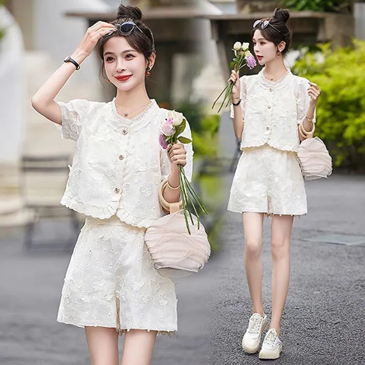 2025夏季新款小香风国风高级感蕾丝开衫上衣休闲阔腿短裤两件套女