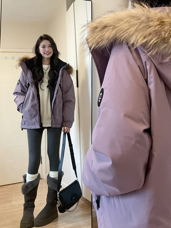 连帽棉服派克服女款2025新款冬季大毛领工装加绒加厚棉衣外套