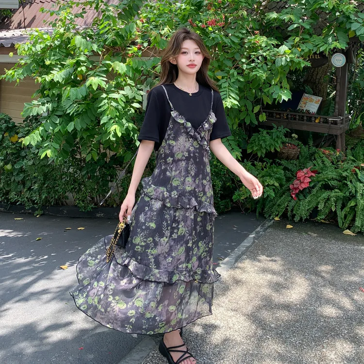 假两件针织拼接印花连衣裙夏季法式度假风中长款气质显瘦碎花裙