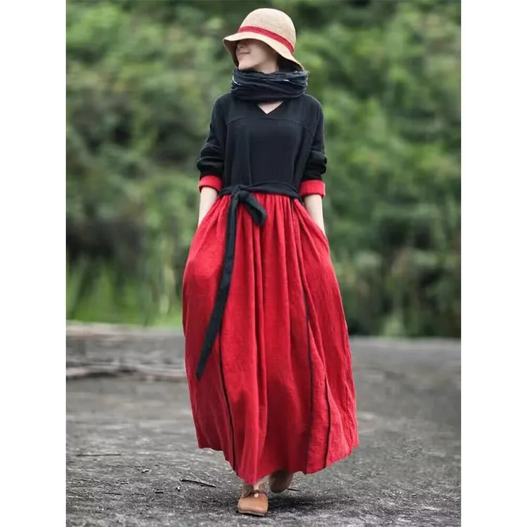 法式复古亚麻连衣裙女秋冬季高端设计感小众拼接撞色V领大摆长裙