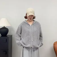 秋季韩系简约温柔条纹拉链连帽开衫