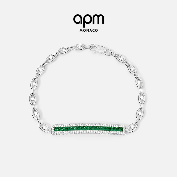 APM Monaco 绿色密镶链环手链小众设计高级感银饰手镯明星同款