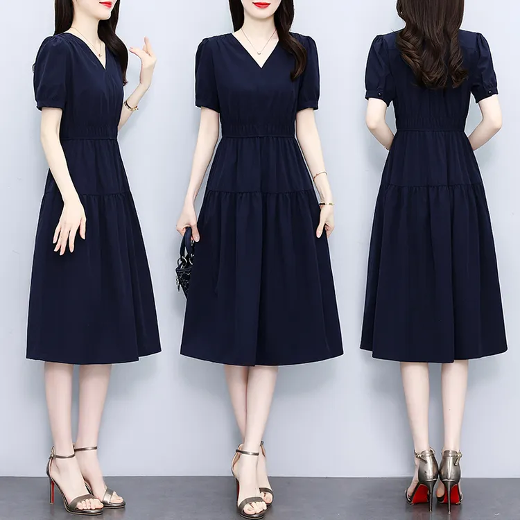 短袖V领连衣裙2025夏季新款时尚气质大码胖mm收腰显瘦遮肚中长裙