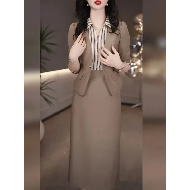 勇华玥上时尚干练套装裙女2025新款秋修身职业装西服连衣裙两件套