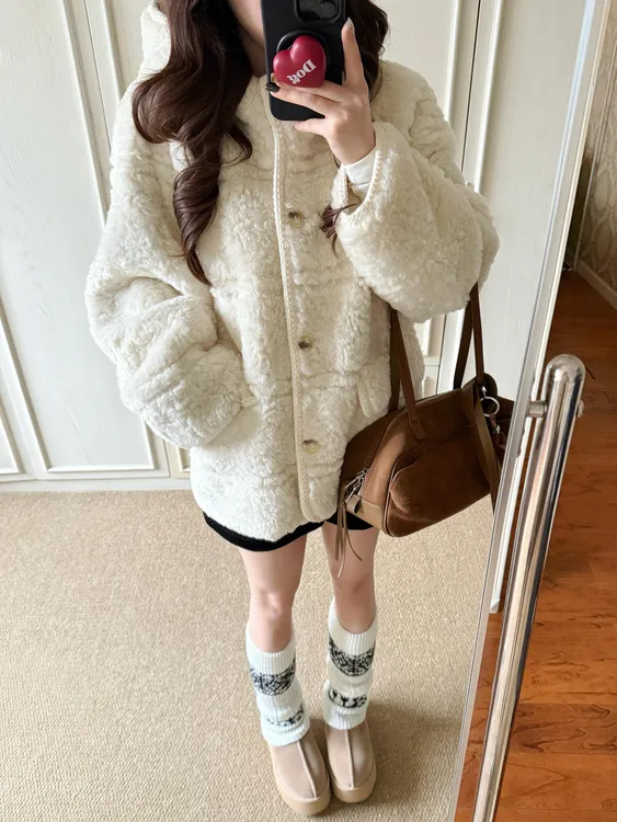 韩系慵懒风连帽仿羊羔毛外套女冬季加厚保暖宽松皮毛一体条纹大衣