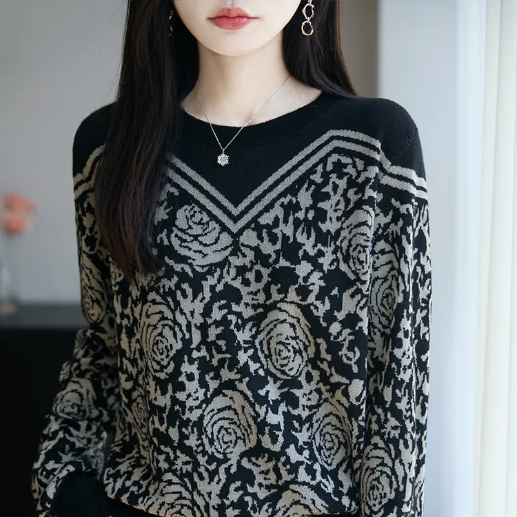 哥弟阿玛施正品圆领长袖提花套头款毛针织套头衫时尚宽松上衣印花