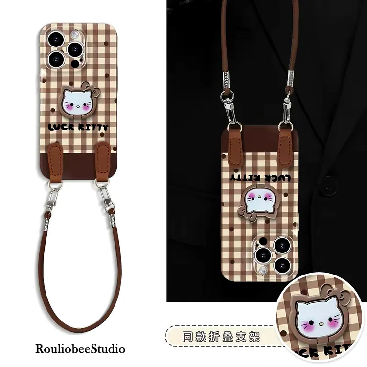 格纹KT支架挂绳适用苹果16手机壳iPhone15小米14vivoppo华为p70套