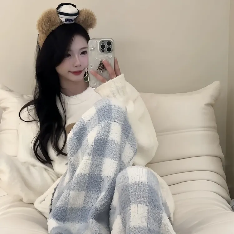 【VNS】一秋冬新款刺绣小熊加绒加厚新款半边绒睡衣女款秋冬#7D012