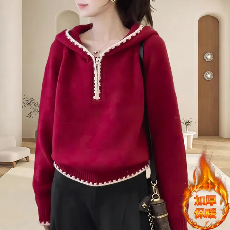 欧货大码显瘦针织毛衣女慵懒风高级撞色半拉链长袖针织衫连帽上衣