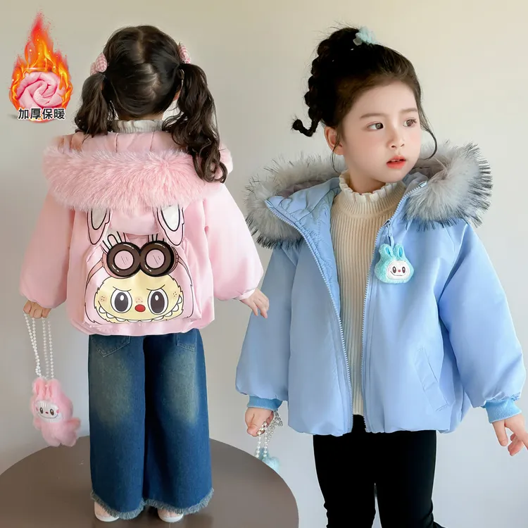 拉布布女童棉衣外套加绒厚中长款秋冬款保暖洋气女宝连帽棉服新款
