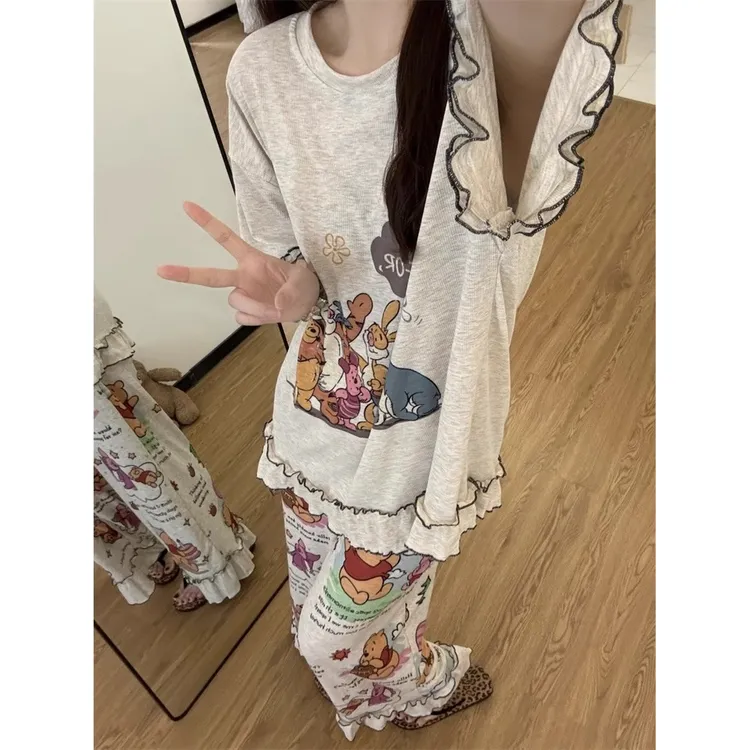 可爱维尼熊印花短袖睡衣女夏季2025新款大码休闲阔腿裤家居服套装