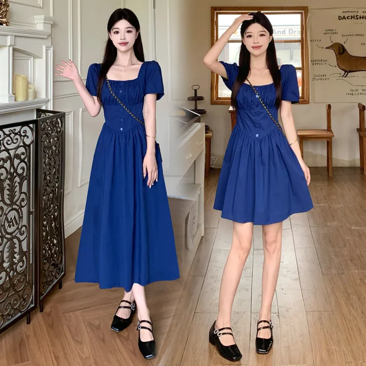 大码女装简约气质方领设计感连衣裙收腰显瘦高级感长短裙子