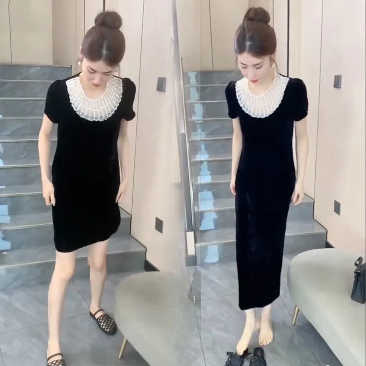 夏季新款重工2025钉珠丝绒短袖连衣裙女收腰显瘦遮肉时尚百搭